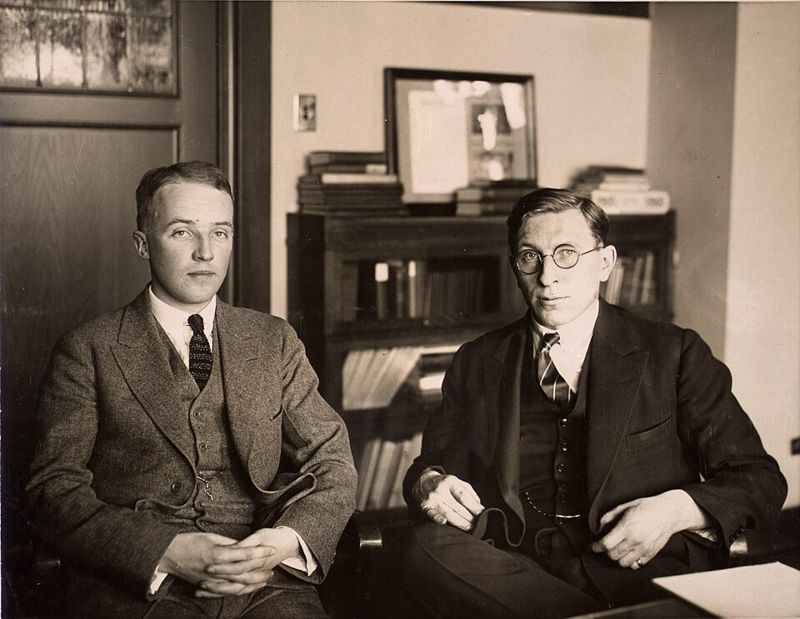 Black and white photograph of Charles Best and Frederick Banting standing on a rooftop