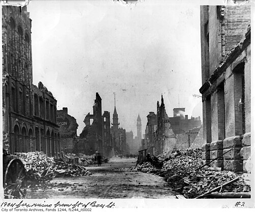Black and white photo of burned ruins of buildings in Toronto